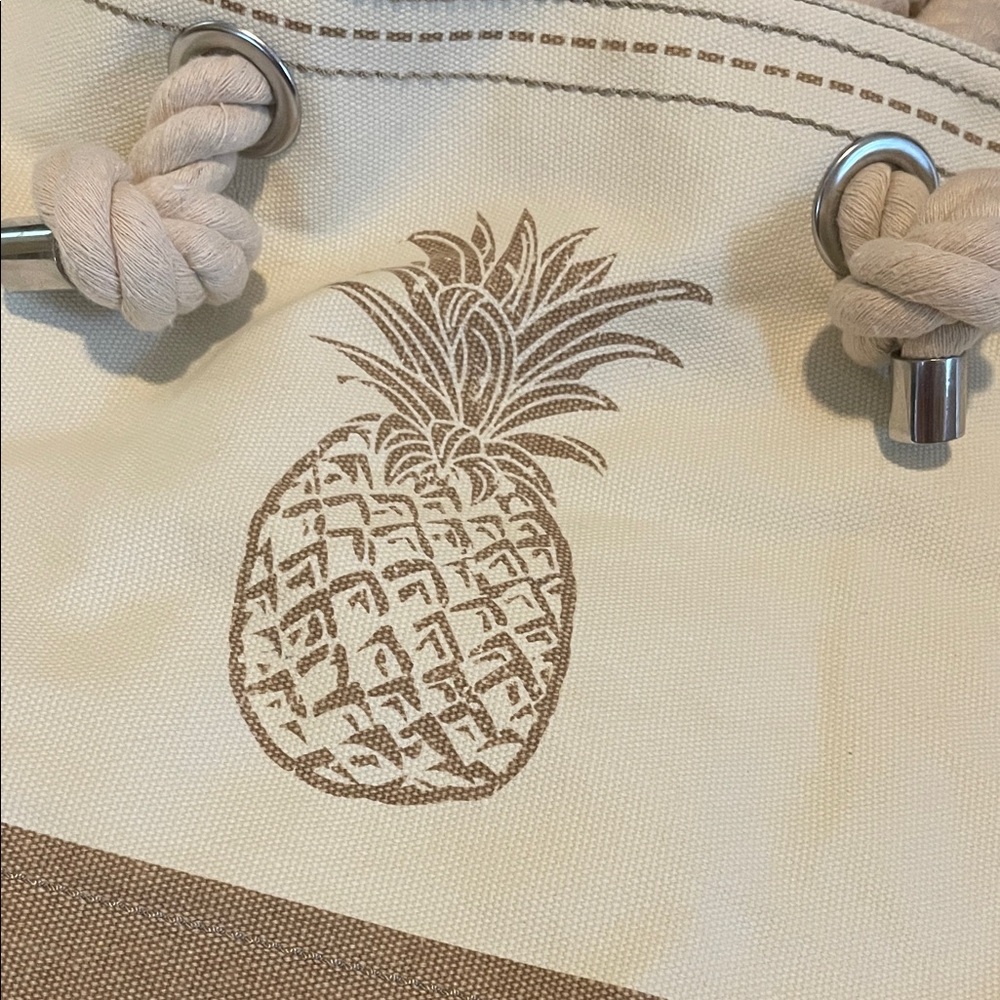 Pure Pineapple Rope Handle Cream Tan Tote Beach Bag Canvas Magnetic - Picture 2 of 9